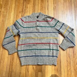 Vintage Royal Knight Sweater Mens XL Beige Stripe Leather Button USA Made